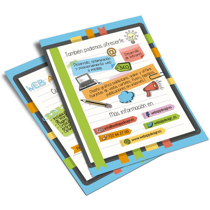 Mockup del disñeo de un flyer publicitario, en el que se anuncian cursos de WordPress