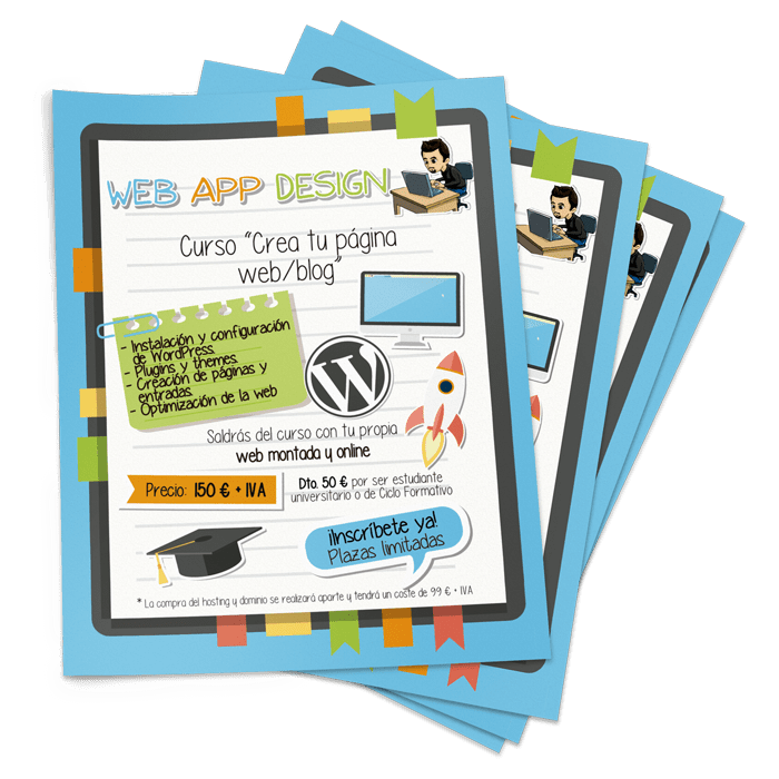 Mockup del disñeo de un flyer publicitario, en el que se anuncian cursos de WordPress